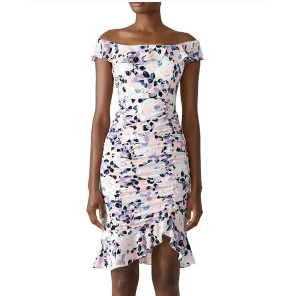 Nanette Lepore Dress Womens 2 Pink Floral Off Shoulder Ruched Silk Made USA - Picture 1 of 12